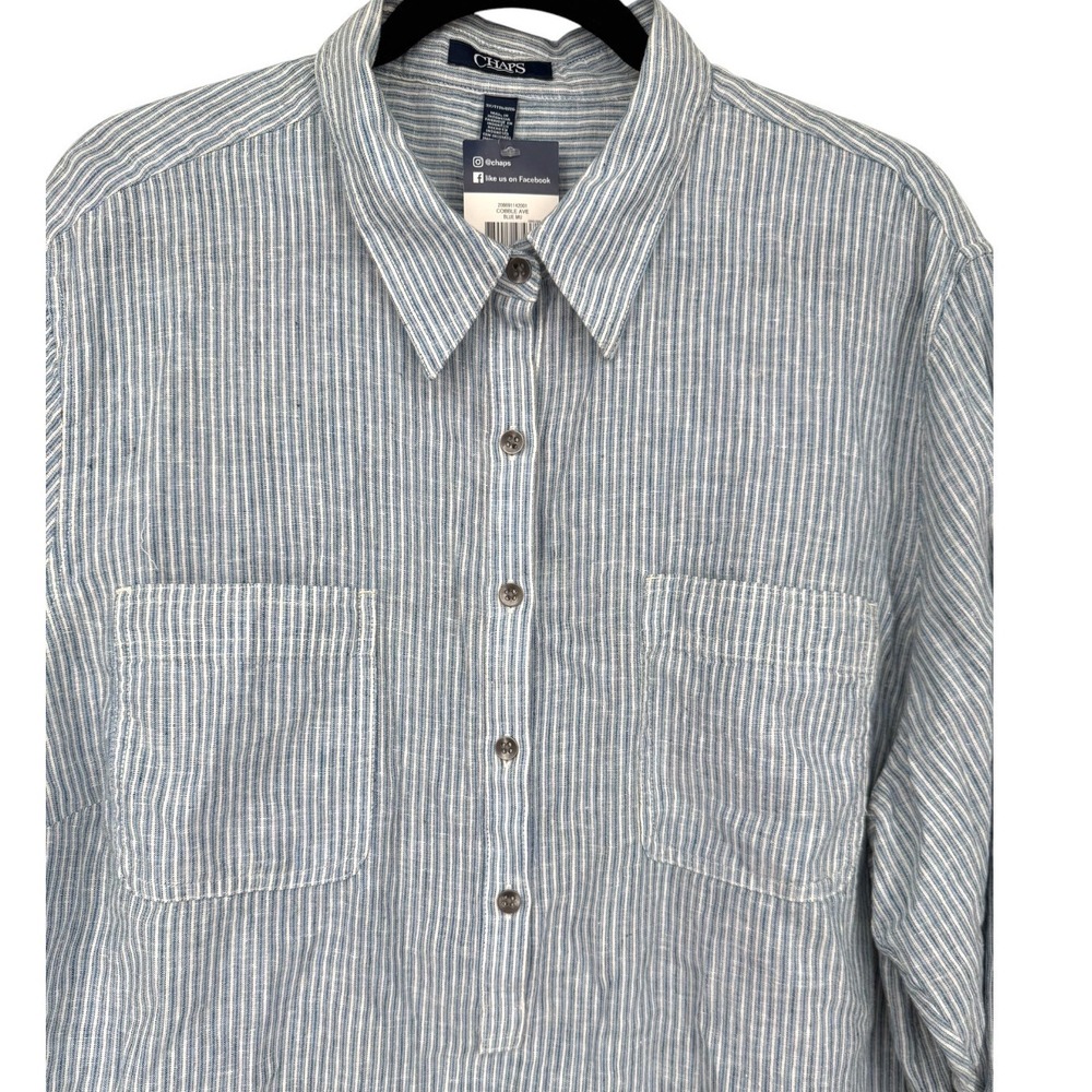NWT Chaps Womens Cobble Ave Blue White Striped Linen Cotton Henley Shirt Size 3X - Picture 6 of 15